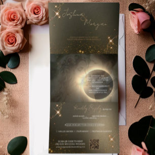 Convite Com Dobra Tripla Elegante Eclipse Solar Sépia Personalizado Foto Ca