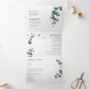 Convite Com Dobra Tripla Elegante Eucalyptus Tudo em um Casamento