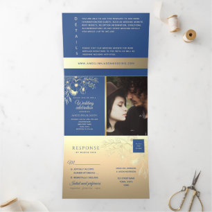 Convite Com Dobra Tripla Elegante Floral Dourado Casamento Azul Real