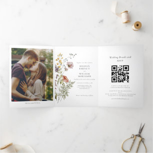 Convite Com Dobra Tripla Elegante Foto Casamento de Flor Silvestre Boho