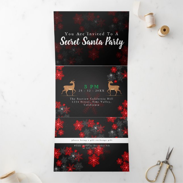 Convite Com Dobra Tripla Elegante Ho Red Cinza Flocos de Neve Natal Ano Nov (Dentro)