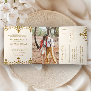 Convite Com Dobra Tripla Elegante Marrom Damask Casamento Tradicional India