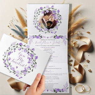 Convite Com Dobra Tripla Elegante Peônia Floral Roxa Casamento Tri-Dobra Fo