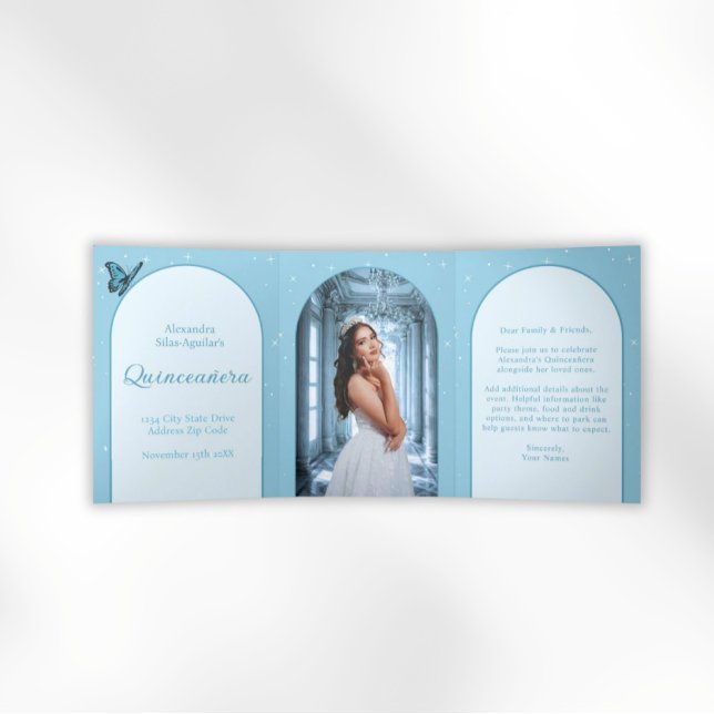 Convite Com Dobra Tripla Elegante Quinceañera Azul Claro - Foto Personaliza (Elegant Light Blue Quinceañera Invitations)