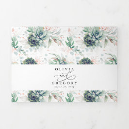 Convite Com Dobra Tripla Elegante Rosa Dourado Suculente Casamento Verde