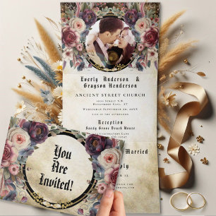 Convite Com Dobra Tripla Elegante Rosa Floral Medieval Casamento TriDobra