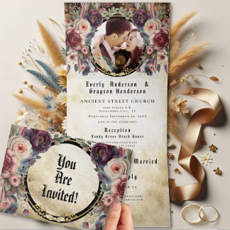 Convite Com Dobra Tripla Elegante Rosa Floral Medieval Casamento TriDobra