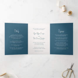 Convite Com Dobra Tripla Elegante Roteiro Manuscrito Azul Moderno Casamento