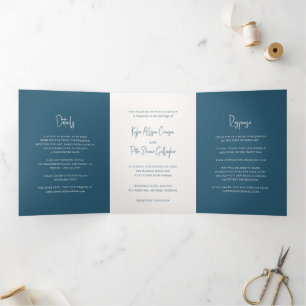 Convite Com Dobra Tripla Elegante Roteiro Manuscrito Azul Moderno Casamento