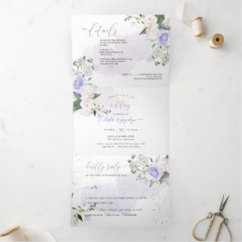 Convite Com Dobra Tripla Elegante Rustic Dusty Purple Watercolor Rosas