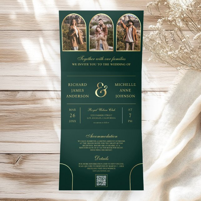 Convite Com Dobra Tripla Emerald Gold Minimal Arch Photo QR code Wedding (Criador carregado)
