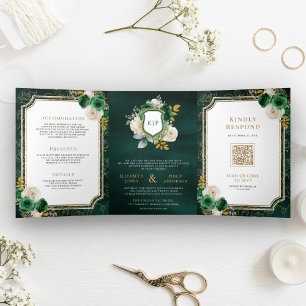 Convite Com Dobra Tripla Emerald Green Dourado Floral All in One Crest Wedd
