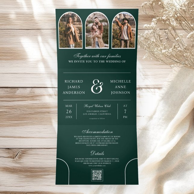 Convite Com Dobra Tripla Emerald Green Minimal Arch Photo QR code Wedding (Criador carregado)