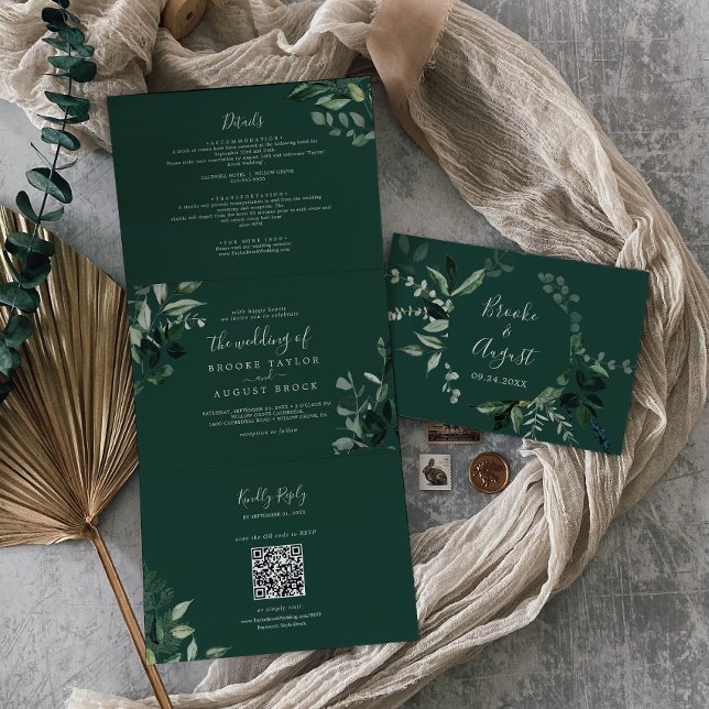 Convite Com Dobra Tripla Emerald Greenery | Casamento de Código QR de Foto  (Criador carregado)