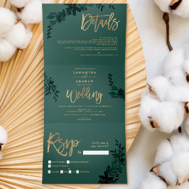 Convite Com Dobra Tripla Escrito em ouro quente Casamento elegante verde-fl