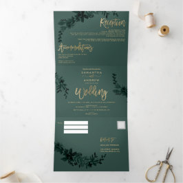 Convite Com Dobra Tripla Escrito em ouro quente Casamento elegante verde-fl