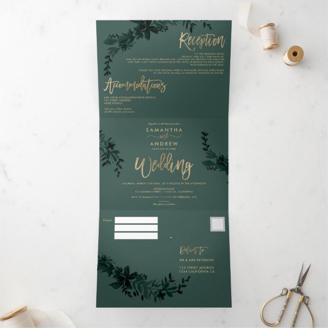 Convite Com Dobra Tripla Escrito em ouro quente Casamento elegante verde-fl (Dentro)