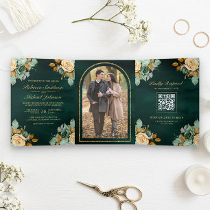 Convite Com Dobra Tripla Esmeralda Creme Floral Dourado Código QR Foto Casa