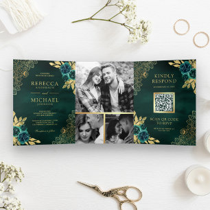 Convite Com Dobra Tripla Esmeralda Verde Floral Dourado Renda Código QR Cas
