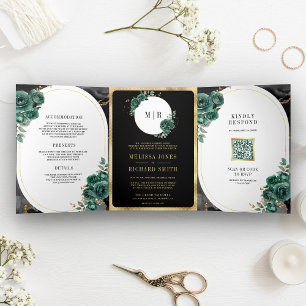Convite Com Dobra Tripla Esmeralda Verde Floral Preto Mármore Código QR Cas