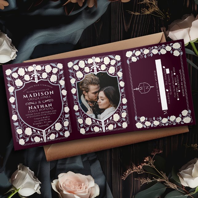 Convite Com Dobra Tripla Espada Silver e Escudo Fantasia Medieval Casamento (Criador carregado)