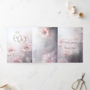 Convite Com Dobra Tripla Español English Pink Daisies Margaritas Rosas