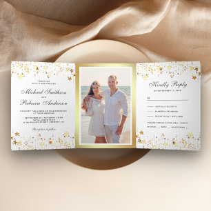 Convite Com Dobra Tripla Estrelas de Folha Dourada Confete Branco Casamento