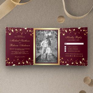 Convite Com Dobra Tripla Estrelas de Papel Dourado Confete Borgonha Casamen