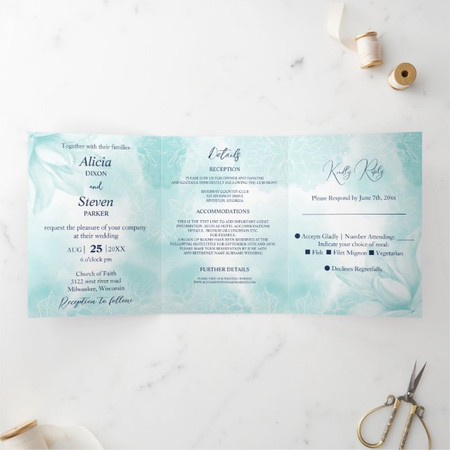 Convite Com Dobra Tripla Eteal Magnolia, Casamento (Dentro)