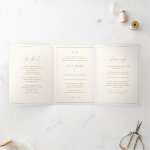 Convite Com Dobra Tripla Eterno Monograma Marfim e Casamento Elegante Doura
