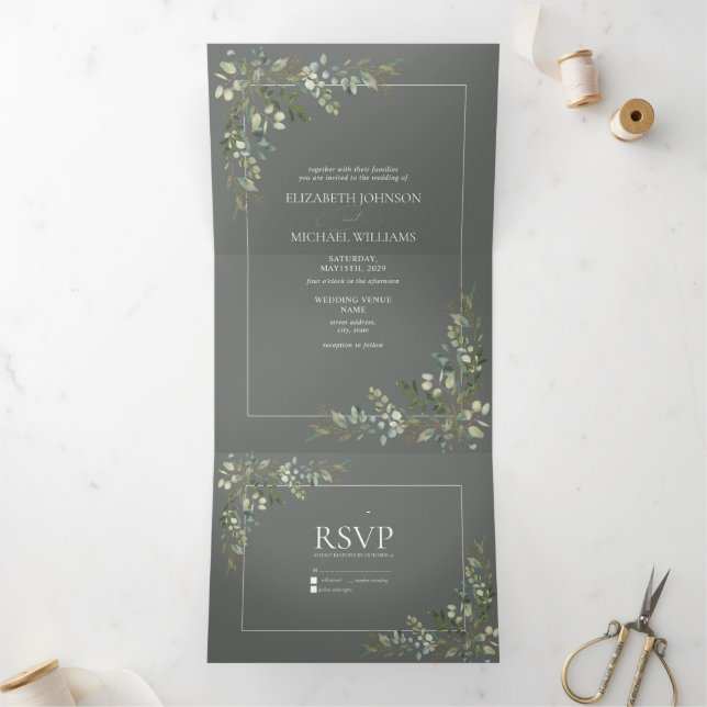 Convite Com Dobra Tripla Eucalyptus Botanical Sage Green Script Wedding Tri (Dentro)