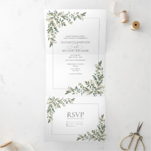 Convite Com Dobra Tripla Eucalyptus Botanical Sage Green Script Wedding Tri