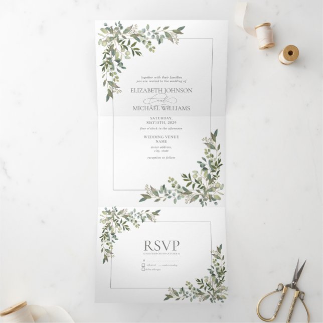 Convite Com Dobra Tripla Eucalyptus Botanical Sage Green Script Wedding Tri (Dentro)