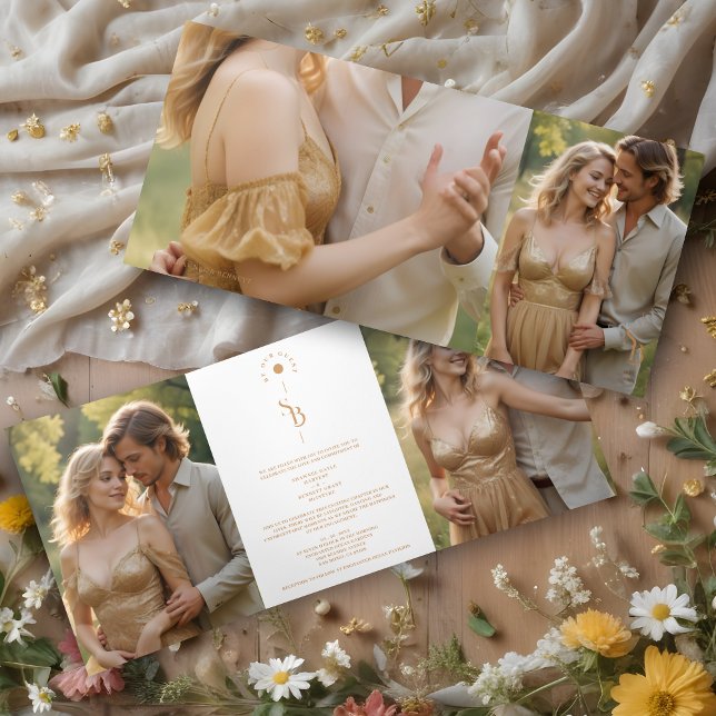 Convite Com Dobra Tripla Exquisite Chic Minimalist Gold Wedding Initials (Exquisite Chic Minimalist Gold Effect Wedding Initials 4 Photos Invitation Tri-Fold Card.)