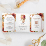 Convite Com Dobra Tripla Fall Dahlia Floral Mason Jar Código QR Casamento<br><div class="desc">Surpreenda seus convidados com este elegante tudo em um convite de casamento com lindas flores e tipografia moderna com o Código QR para RSVP on-line. Basta adicionar os detalhes do seu evento neste modelo fácil de usar e adorar este cartão com as suas fotografias favoritas para o tornar um convite...</div>
