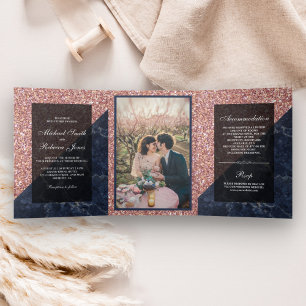 Convite Com Dobra Tripla Falso Glitter Dourado Rosa Mármore Azul Fotografia