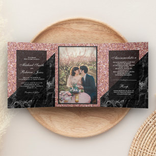 Convite Com Dobra Tripla Falso Glitter Dourado Rosa Mármore Preto Fotografi