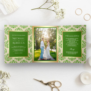 Convite Com Dobra Tripla Falso Papel Ouro Verde Damasko Casamento Foto