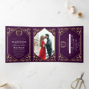 Convite Com Dobra Tripla Fantasia Medieval Monograma Real Casamento Berinje