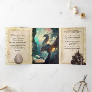 Convite Com Dobra Tripla Fantasy Dragon e Castle Fairytale Wedding