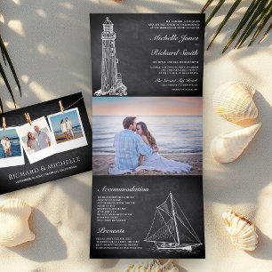 Convite Com Dobra Tripla Farol de Quadro Negro Barco a Remo Casamento Náuti