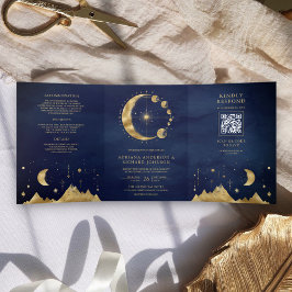 Convite Com Dobra Tripla Fases da Lua Celestial Azul Dourado Crescente
