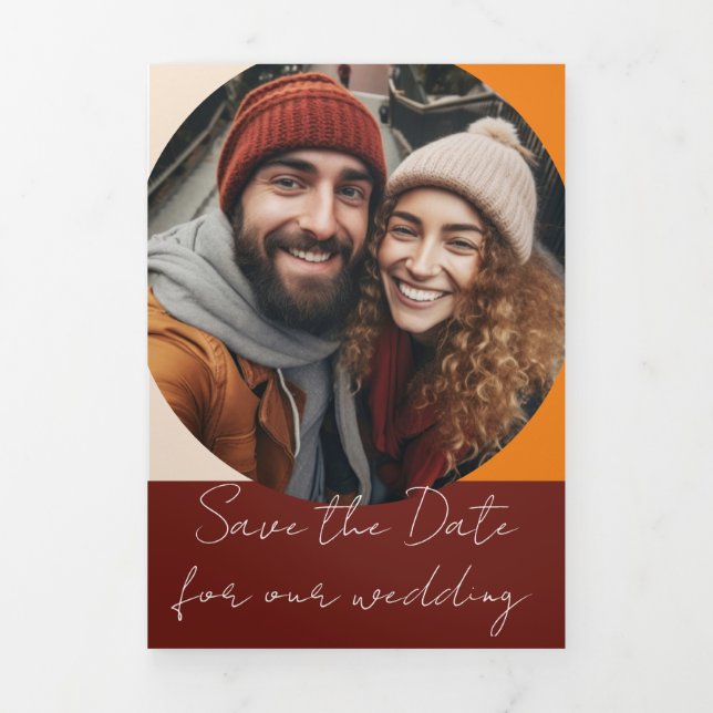 Convite Com Dobra Tripla Ferrugem laranja queimada Salve o dia (Cobrir)