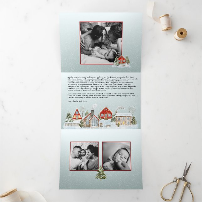 Convite Com Dobra Tripla Festive Houses Trifold Christmas Holiday Card (Dentro)