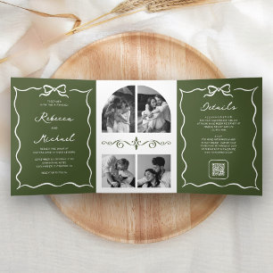Convite Com Dobra Tripla Fita Branca Verde Oliva Código QR Foto Casamento