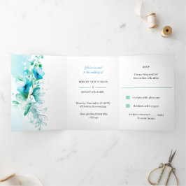 Convite Com Dobra Tripla Flor Azul Elegante de Casamento Personalizado