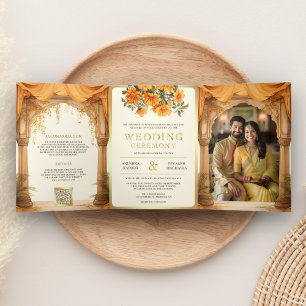 Convite Com Dobra Tripla Flor de Marigold Amarela Mandap Casamento Sul Indi