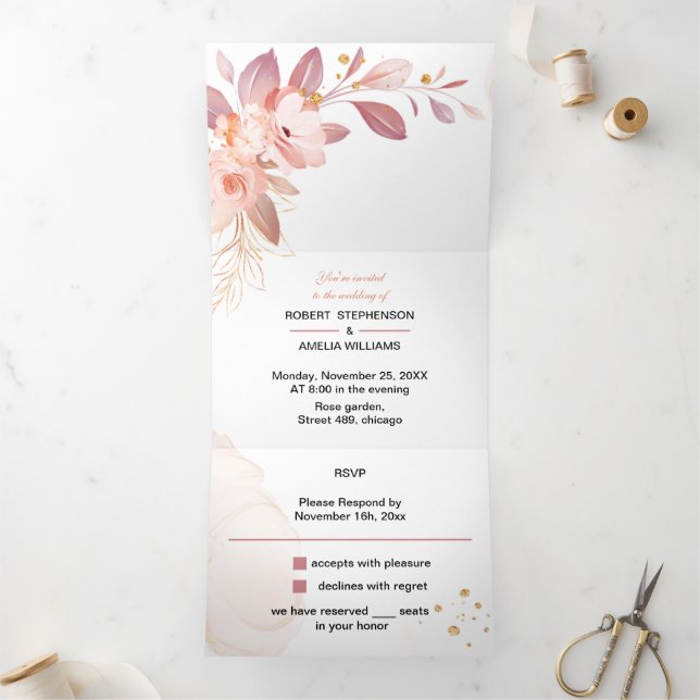 Convite Com Dobra Tripla Flor Laranja Elegante De Casamento Personalizado (Dentro)