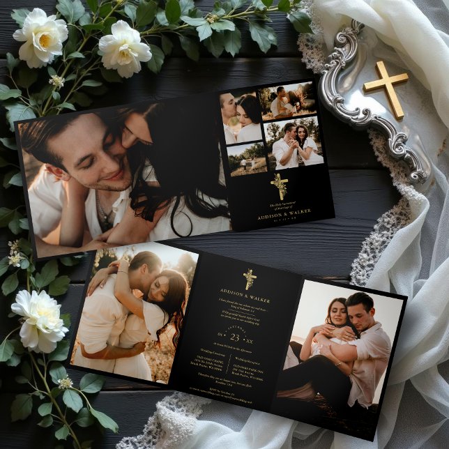 Convite Com Dobra Tripla Floral Faith Cross Black Trendy Stylish Collage (Christian Cross Black Trendy & Stylish Collage Wedding 7 Photos Tri-Fold Invitations Cards.)