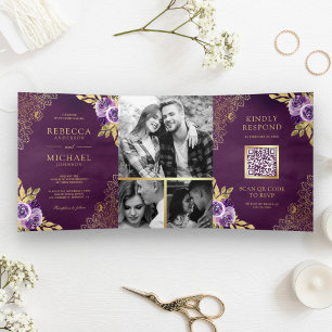 Convite Com Dobra Tripla Floral Roxo Sujo Código QR de Renda Dourada Casame